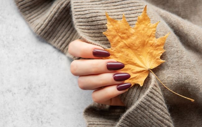 Vier braun lackierte Finger halten einen grauen Pullover und ein gelbes Herbstblatt