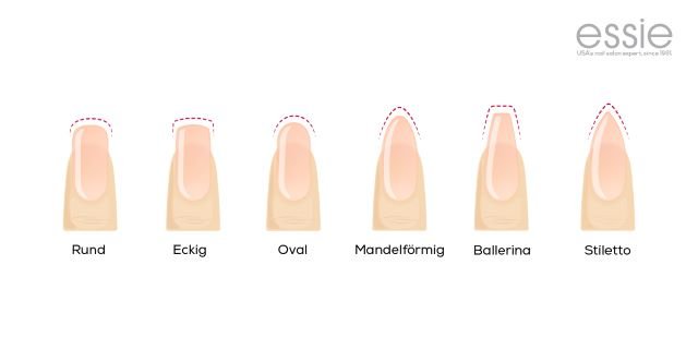 Abbildung unterschiedlicher Nagelformen: rund, eckig, oval, mandelförmig, Ballerina und Stiletto