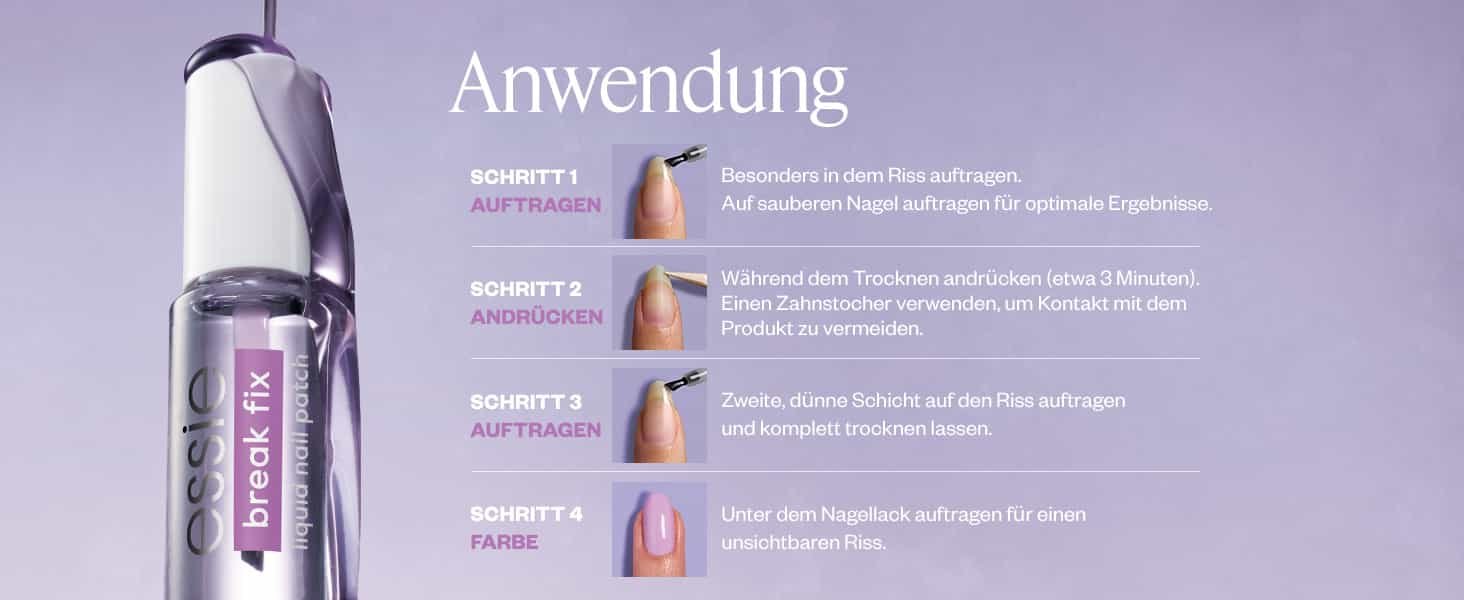 Schritt für Schritt Anleitung zum Auftragen des essie Break Fix: Auftragen, Andrücken, Auftragen, Farbe