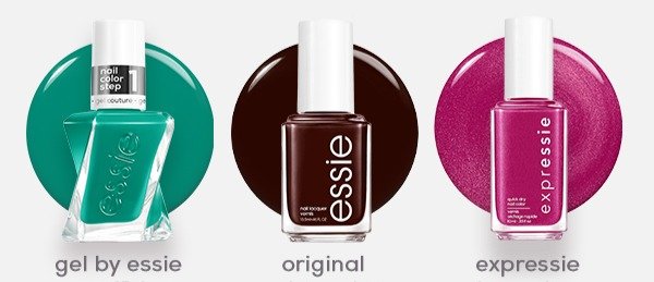 Essie Nagellacke gel by essie (grün), original (braun) und expressie (pink) nebeneinander
