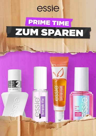 Ein Werbebanner von essie mit der Aufschrift „Prime Time zum Sparen“ zeigt eine Auswahl beliebter essie Nagel-Produkte auf leuchtend pinkem Hintergrund.