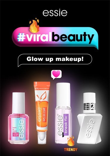 Ein Werbebanner von essie präsentiert beliebte Nagelprodukte auf schwarzem Hintergrund mit dem Slogan "#viralbeauty".