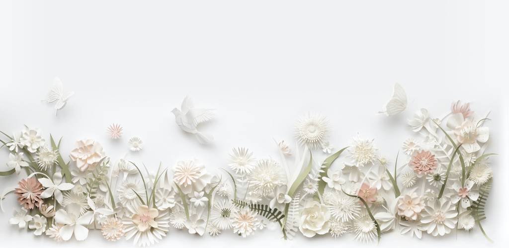Blumenwiese, Schmetterlinge und ein Vogel in dezenten Farben aus Papier gebastelt