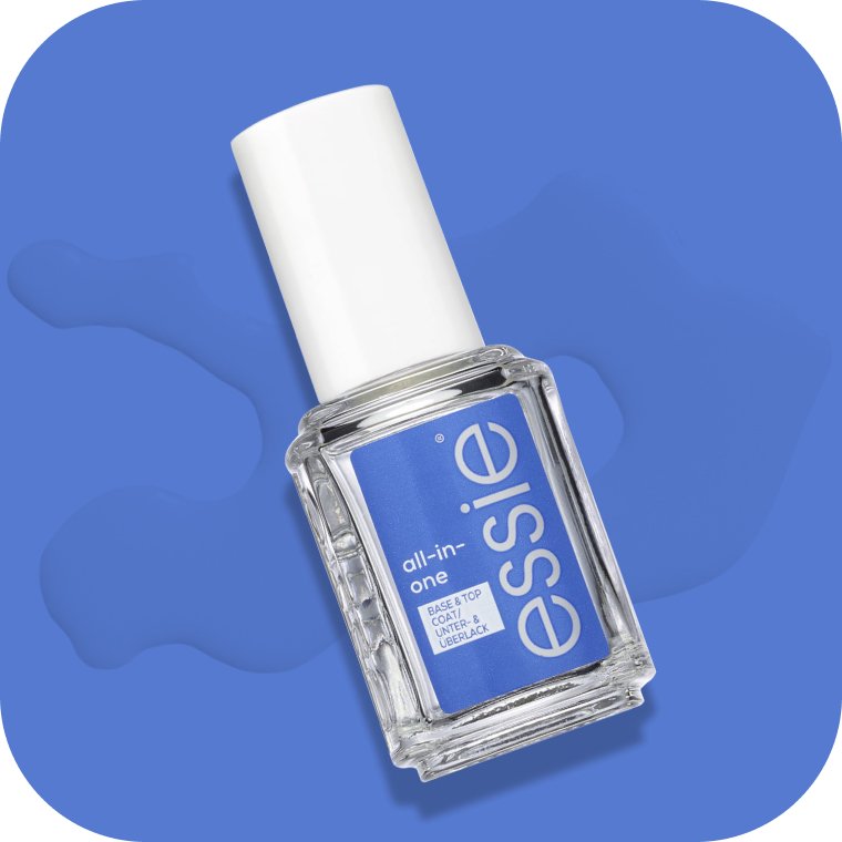 essie all-in-one base coat & top coat vor einem dunkelblauen Hintergrund