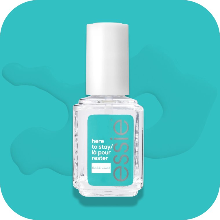 essie here to stay stain-proof base coat vor türkisem Hintergrund