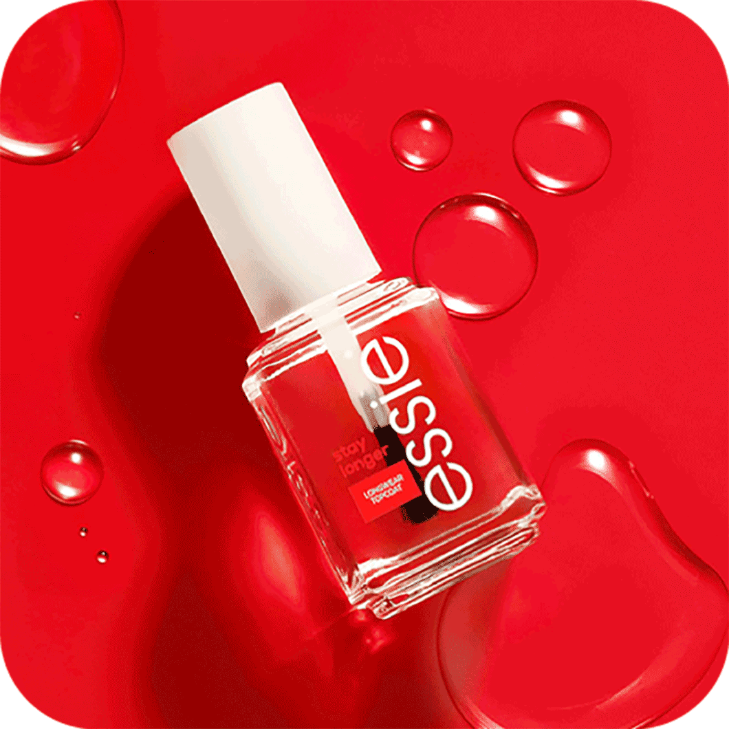 essie stay longer glänzender longwear top coat vor einem roten Hintergrund