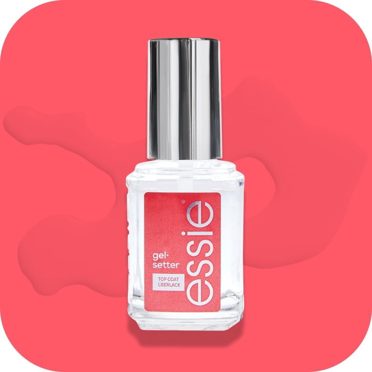 essie gel setter gelartiger top coat vor einem korallenrosa Hintergrund