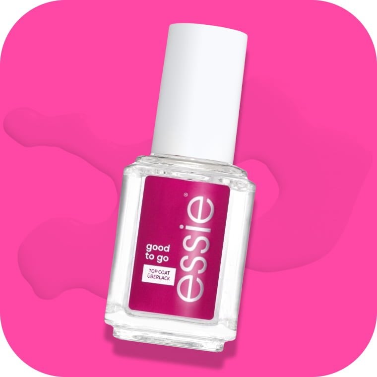 essie good to go quick-dry top coat vor einem pinkfarbenen Hintergrund