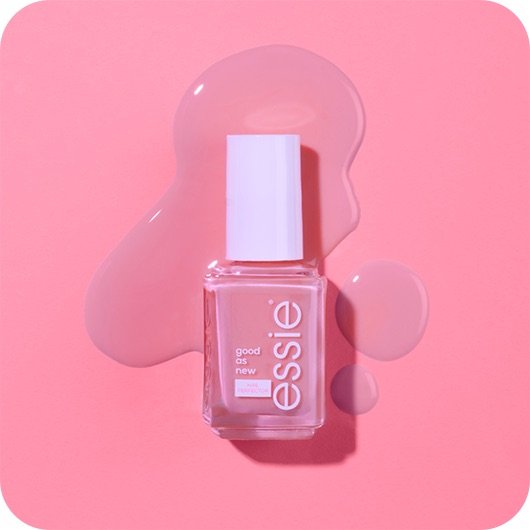 Essie „Good as New“ Pflegelack auf rosa Hintergrund mit verlaufenem Lack.
