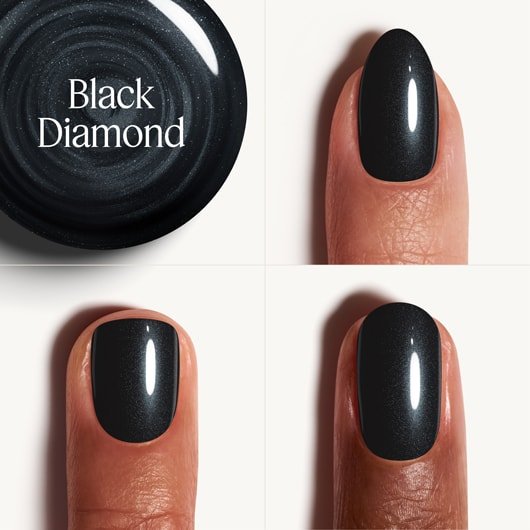 Collage drei unterschiedlicher Nagelformen und Hauttöne, die den Gel by essie in Black Diamond tragen