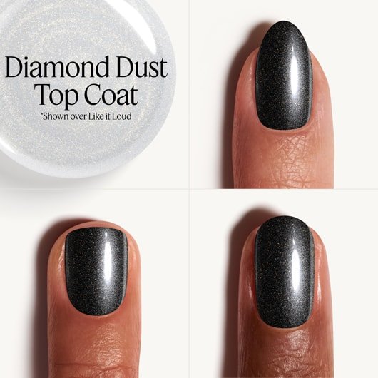 Collage drei unterschiedlicher Nagelformen und Hauttöne, die den Gel by essie in Diamond Dust Top Coat tragen