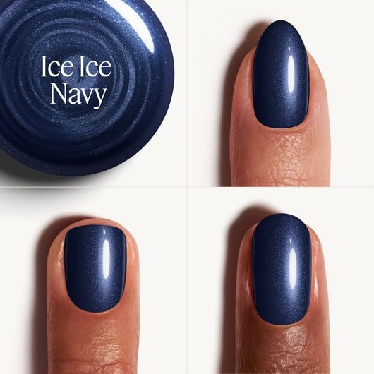 Collage drei unterschiedlicher Nagelformen und Hauttöne, die den Gel by essie in Ice Ice Navy tragen