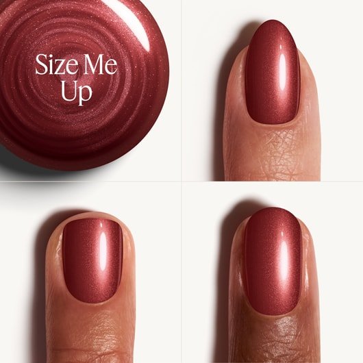 Collage drei unterschiedlicher Nagelformen und Hauttöne, die den Gel by essie in Size Me Up tragen