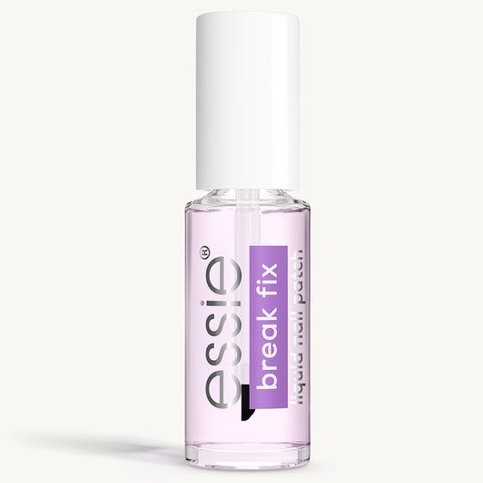Eine transparente Flasche essie Break Fix mit weißem Verschluss und lila Etikett, das den Produktnamen zeigt.