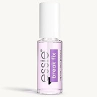 Eine transparente Flasche essie Break Fix mit weißem Verschluss und lila Etikett, das den Produktnamen zeigt.