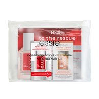 Essie „To the Rescue“ Nagelpflegeset in transparenter Tasche mit zwei Pflegeprodukten und Anleitung.
