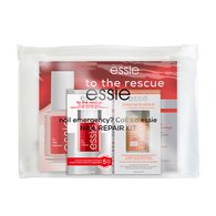Essie „To the Rescue“ Nagelpflegeset in transparenter Tasche mit zwei Pflegeprodukten und Anleitung.