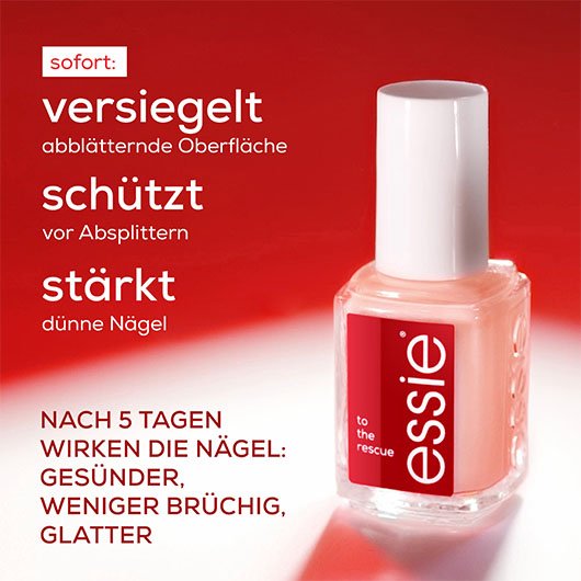 Essie-Lackflasche mit Text: „Versiegelt, schützt, stärkt – gesündere, glattere Nägel nach 5 Tagen.“